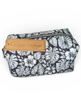 Revive Vintage Floral Monstera Leaf Print Cosmetic Bag